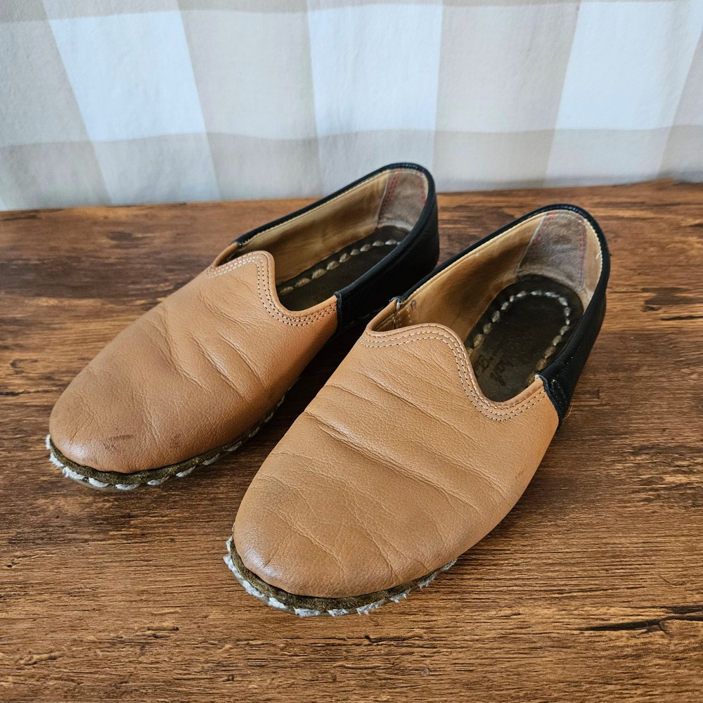 Sabah Turkish Shoes Tan Black 2-Tone Leather Handmade Shoes Slip‎ On Loafers 6.5